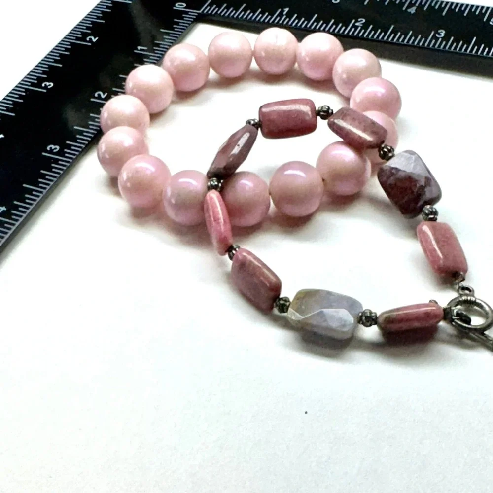 Chunky Pink Round Beads Mixed Gemstone‎ Style Toggle Bracelet Set of Two